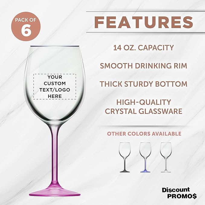 Custom Wine Glasses 14 oz. Set of 6, Personalized Bulk Pack - Restaurant Glassware, Perfect for Red Wine, White Wine, Cocktails and More - Pink