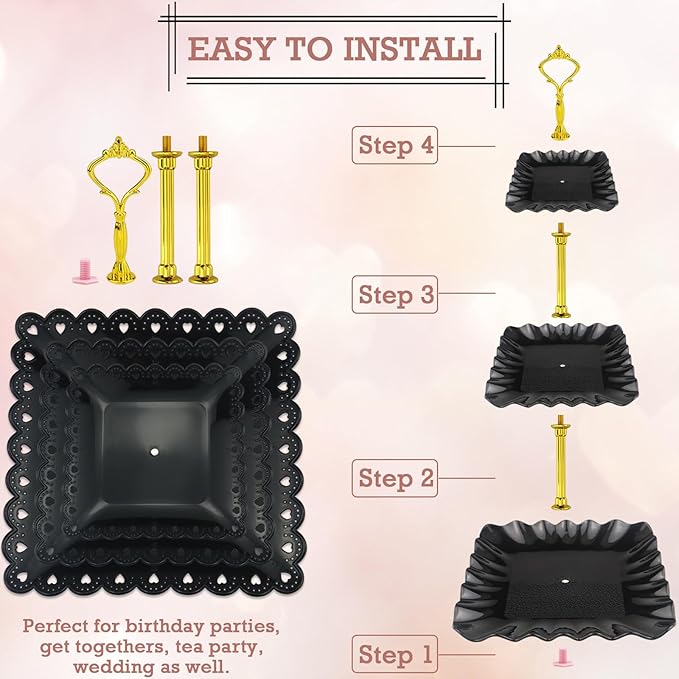 5 Pcs Cupcake Stand Set, Dessert Table Display Set with 2xSquare 3-Tier Cake Stands Holder + 3X Appetizer Trays Suitable for Birthday Wedding Tea Party Baby Shower (Black, Lace Hole Square)