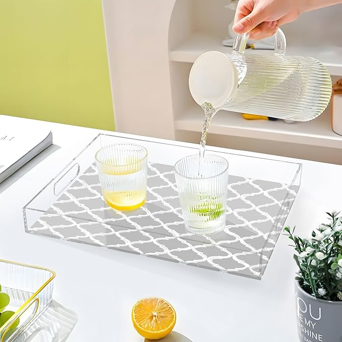 Serving Tray with Handles Clear Acrylic Tray 12x16 Inch Decorative Rectangular Tray Organizer for Ottoman Coffee Table Bathroom Silver Minimalist Quatrefoil
