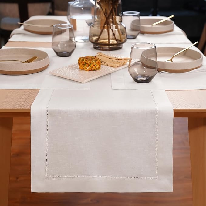 Home Ekaa 100% Pure Linen White Table Runner 14 x 120 Inch Long - Cloth Fabric Hemstitch Runner for Christmas, Fall, Winter, Holiday & New Year - Elara