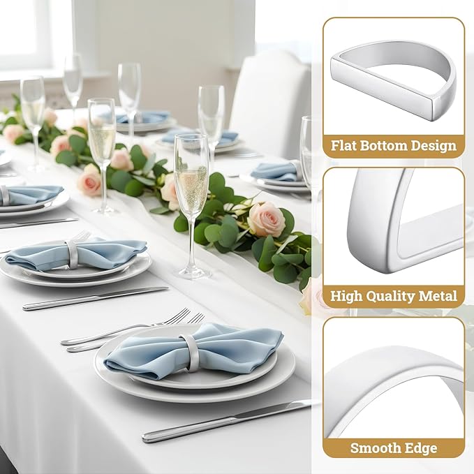 Suream Napkin Rings Bulk, Set of 12 Metal Christmas Napkin Rings, D-Shape Napkin Holders Rings for Thanksgiving Christmas Decor(Matte Silver Semicircle)