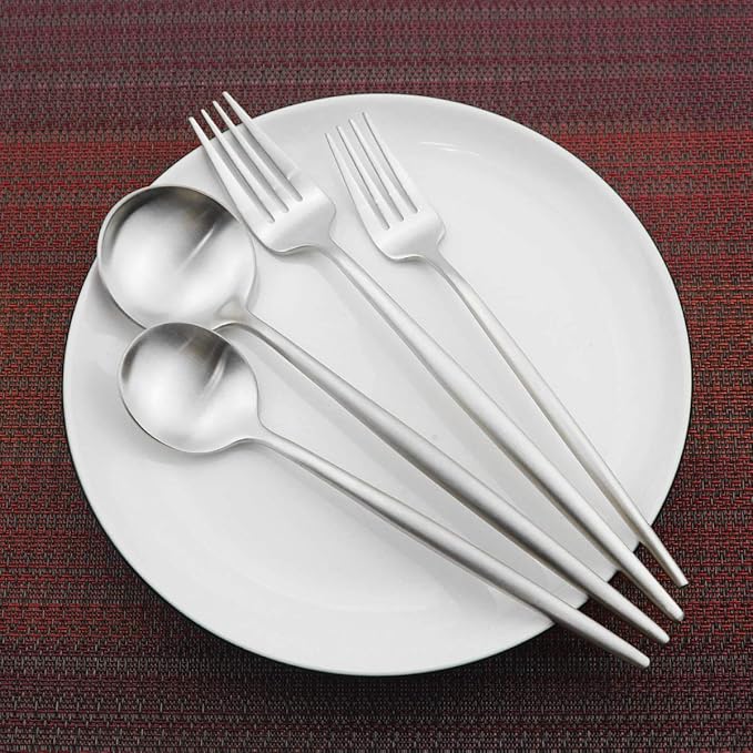Gugrida Luxury Flatware, Royal 5 Piece Matte White Handle 18/10 Stainless Steel Tableware Sets for 1 Including Forks Spoons Knives, Camping Silverware Travel Utensils Set Cutlery (Full Silver)