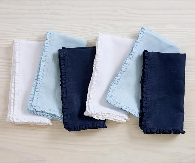 Solino Home White Linen Dinner Napkins 20 x 20 Inch - 100% Pure Linen Juliette Ruffle Cloth Napkins Set of 4 for Christmas, New Year - Handcrafted and Machine Washable