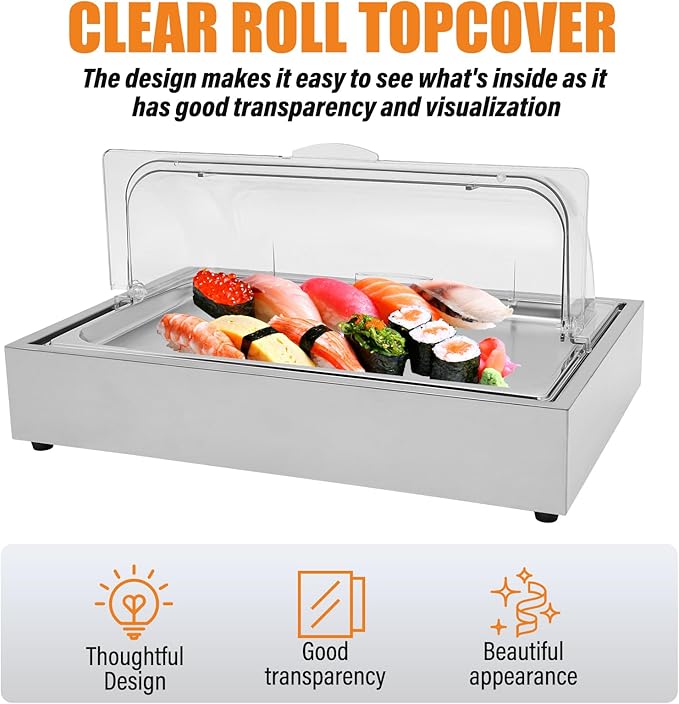 Ice Tray Chafing Dishes for Buffet Stainless Steel Ice Food Serving Display Clear Cold Food Server with Roll Lid Cooling Plate for Dishes Fruit Party