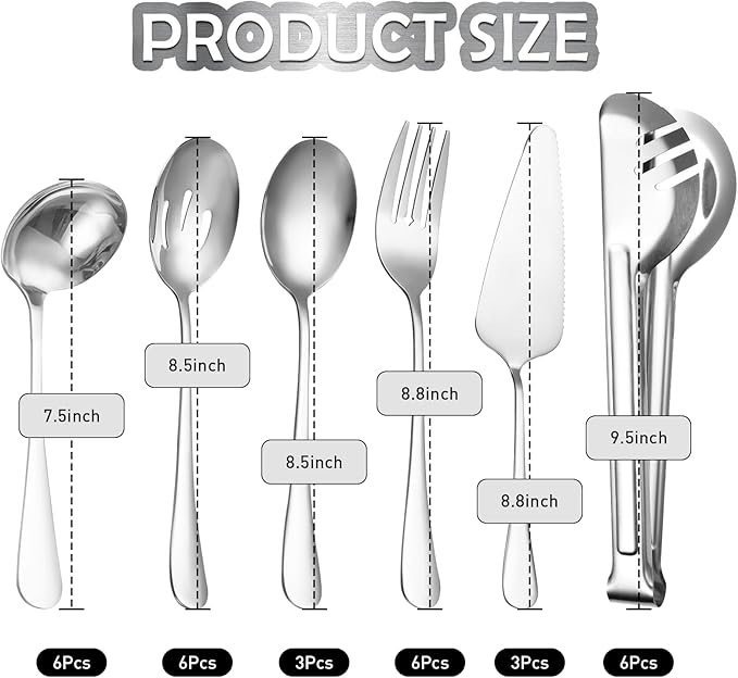 30 Pcs Stainless Steel Metal Serving Utensils Set with Slotted Serving Spoons, Serving Forks, Serving Tongs, Ladles and Pie Servers for Catering/Buffet/Chafing Dish (Silver)