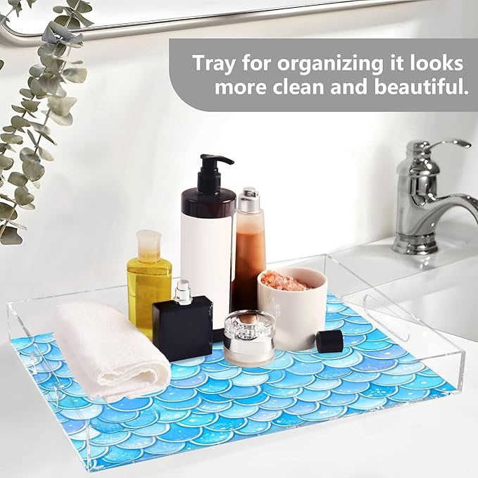 Serving Tray with Handles Clear Acrylic Tray 12x16 Inch Decorative Rectangular Tray Organizer for Ottoman Coffee Table Bathroom Blue Fish Scale Pattern