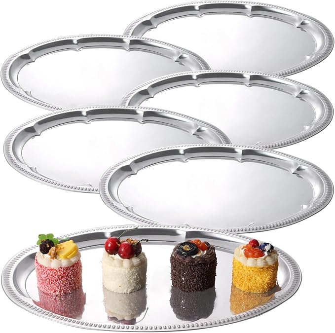 Oval Floral Engraved Serving Tray Set, 6 Pcs Silver, Stainless Steel Trays 15.7X11.8 in, Mirror-Polished, Food-Safe, for Events and Parties