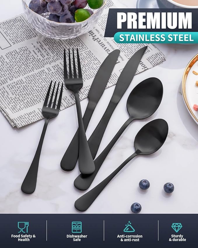 36-Pieces Matte Black Silverware Set with Steak Knives,Stainless Steel Flatware Set for 6,Modern Cutlery Utensils Set,Spoons and Forks Set for Restaurant,Dishwasher Safe
