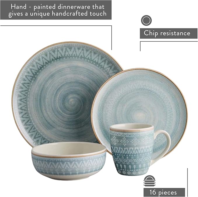 Corona Dinnerware Set 16– piece, Plates Bowls and Mugs Set, Ceramic Sets for 4, Microwave and Dishwasher Safe, Congo Etnic Design