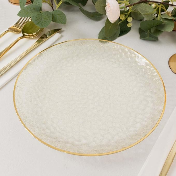 Efavormart 10 Pack Gold Glitter Clear Hammered Plastic Dinner Plates, Round Disposable Party Plates With Gold Rim - 9"