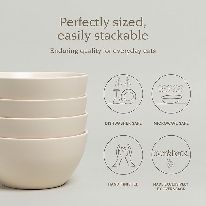 over&back Coupe Cereal Bowl Set - Stoneware Dishes - Comes with 4 Cereal Bowls - Easy-to-Stack Breakfast Place Settings - 6" x 6" x 2.6" - 25oz - Semi-Matte Ivory