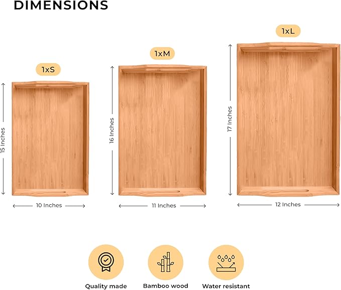 Prosumers Choice Wooden Tray - Light Brown Serving Trays with Handles - Nesting Design for Space Saving - Wooden Serving Tray for Food, Drinks, Snacks - Set of 3
