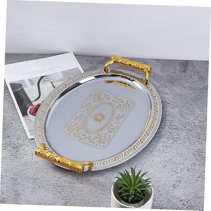 European Style Oval Stainless Steel Serving Tray for Fruit Snacks Desserts Vintage Design for Home Restaurant Use Silver with Gold Rim