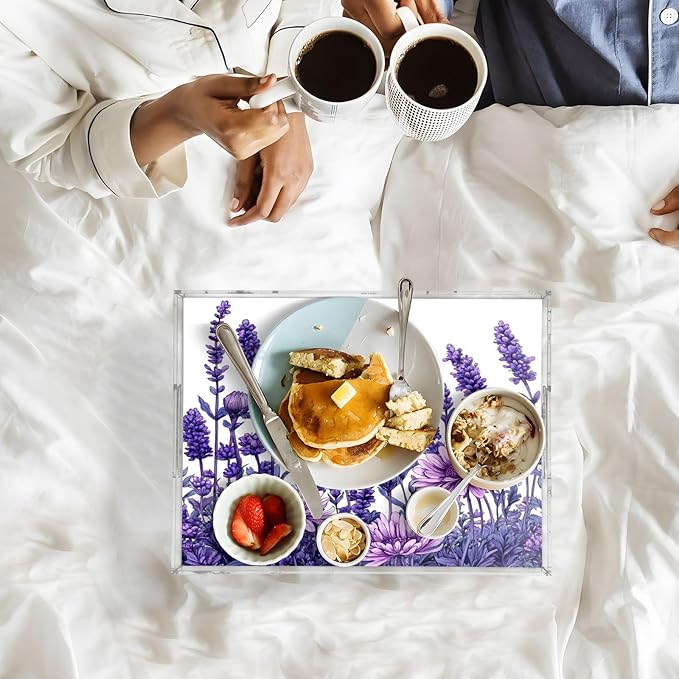 Serving Tray with Handles Clear Acrylic Tray 12x16 Inch Decorative Rectangular Tray Organizer for Ottoman Coffee Table Bathroom Purple Chrysanthemum and Lavender