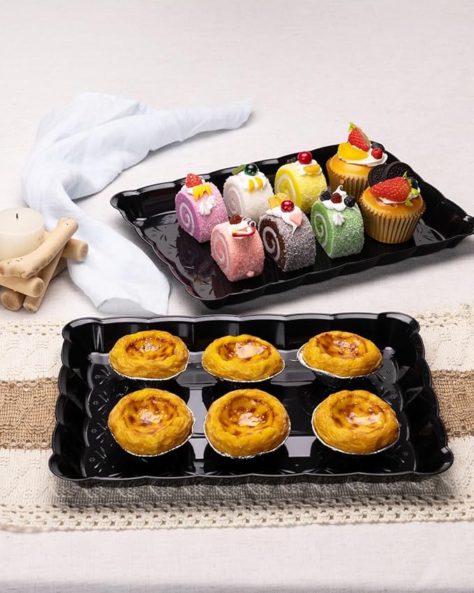 BESTVIP 12 Pack Black Plastic Serving Trays - 9x13 Rectangle Flower - Edged Cookie Platters for Halloween, Events, Weddings, Daily Meals, Parties, Snacking, Crafting & Pet Feeding