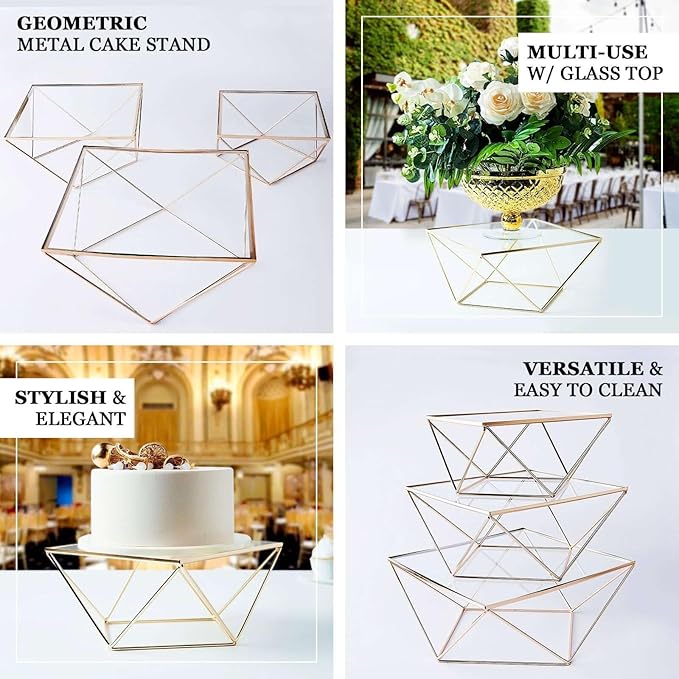 Efavormart Gold Metal Geometric Cake Stand Display Centerpiece Pedestal Riser with Square Glass Top - 14"