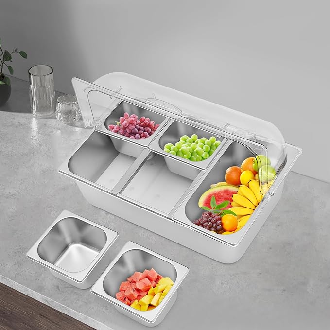 5 Pans Ice Food Serving Display Container w/Clear Roll Top Cover, Stainless Steel Serving Tray Catering Supplies Buffet Display Condiment Dispenser Plate Case for Restaurant Hotel Kitchen