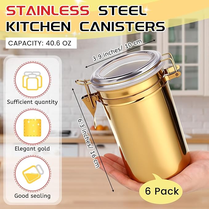 6 Pcs Stainless Steel Food Storage Containers Set Airtight Kitchen Canisters Coffee Jar with Clear Lid and Locking Clamp for Coffee Bean, Tea, Flour, Sugar, Cookie Storage(40.6 oz)