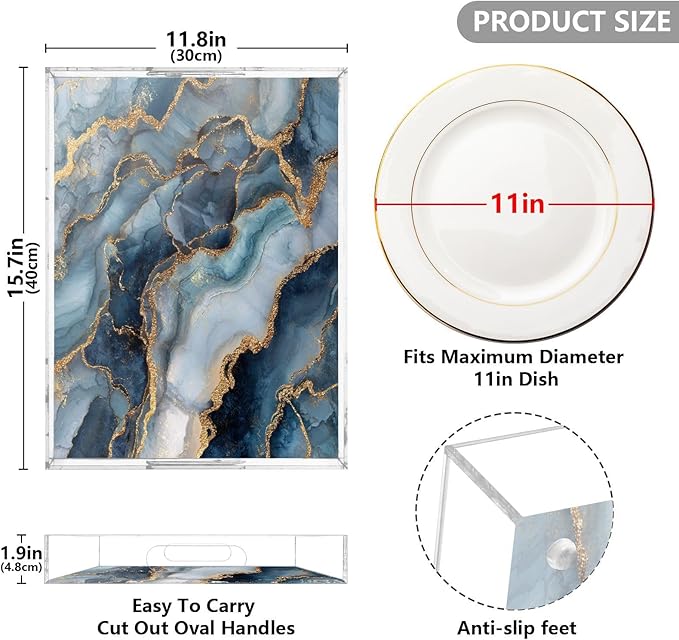 Serving Tray with Handles Clear Acrylic Tray 12x16 Inch Decorative Rectangular Tray Organizer for Ottoman Coffee Table Bathroom Blue Marble and Gold Lines Retro