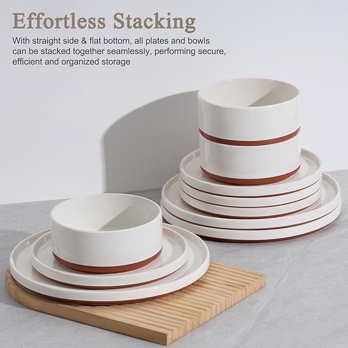 LIANYU Plates and Bowls Sets, 12 Pieces Stoneware Dinnerware Set for 4, Modern Kitchen Dinner Set Ceramic Dishware Dishes Set, Microwave and Dishwasher Safe, Cloud White