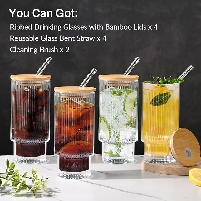 AFINSEA 16OZ Ribbed Glass Cups with Lids and Straws,Iced Coffee Cups with Bamboo Lid,Vintage Glassware for Whiskey Cocktail Beer Fruit Juice Glasses Tumbler(6 Pack)