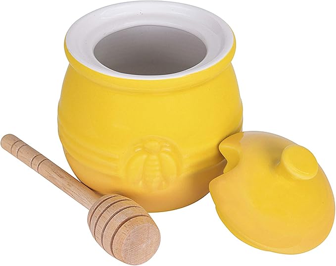 Creative Co-Op Yellow Stoneware Honey Pot with Lid & Wood Honey Dipper