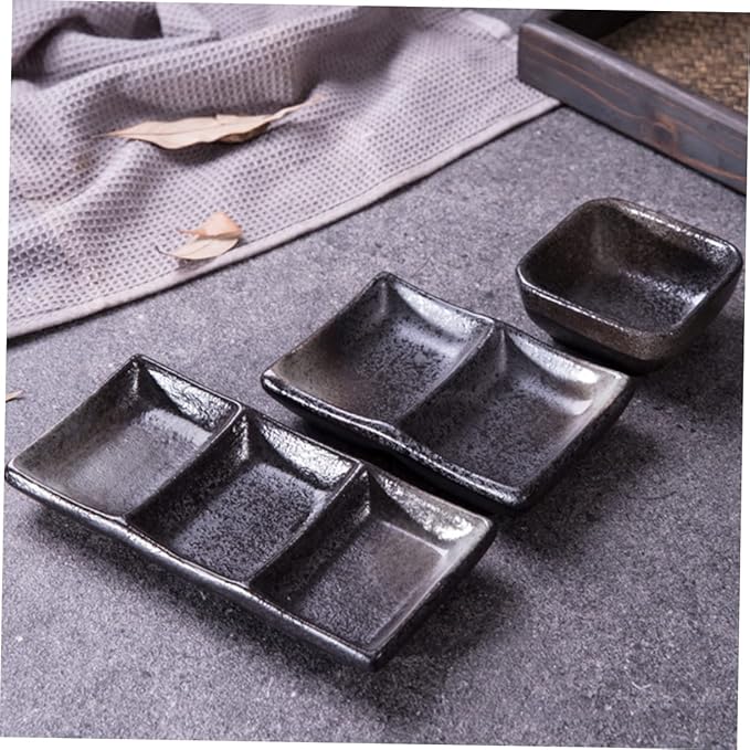 2pcs Retro Square Ceramic Sauce Dishes 3-Grid Snack and Seasoning Bowls Food Dipping Plates for Appetizers and Desserts