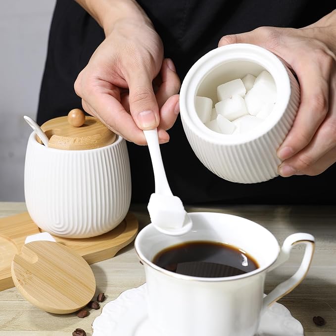 Sugar Bowl Set of 2,Ceramic Sugar Bowl with Lid and Spoon,Sugar Jar Seasoning Container Set for Coffee Bar Kitchen Home (2, White)