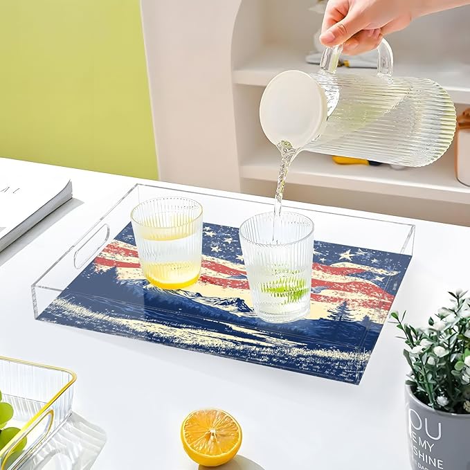 Serving Tray with Handles Clear Acrylic Tray 12x16 Inch Decorative Rectangular Tray Organizer for Ottoman Coffee Table Bathroom July 4th Flags Mountains Blue