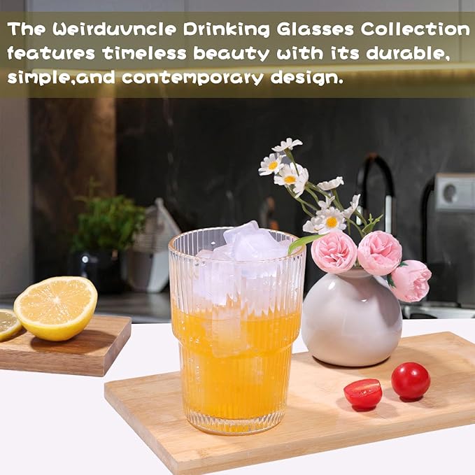 WeirdUncle Set of 6 Cute Ribbed Glassware,14oz Vintage Clear Glass Tumbler, Origami Style, Fluted Design, Ideal for Water, Iced Coffee, Juice, Milk Tea, Latte, Housewarming Gift