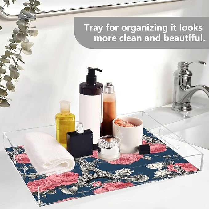 Serving Tray with Handles Clear Acrylic Tray 12x16 Inch Decorative Rectangular Tray Organizer for Ottoman Coffee Table Bathroom Blue French Eiffel Tower and Roses