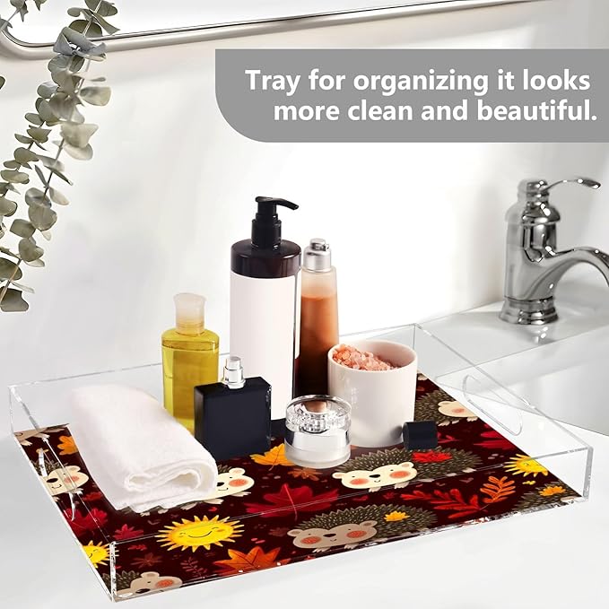 Serving Tray with Handles Clear Acrylic Tray 12x16 Inch Decorative Rectangular Tray Organizer for Ottoman Coffee Table Bathroom Autumn Leaves Hedgehogs Brown