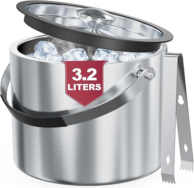 3.2L Insulated Ice Bucket for Parties & Cocktail Bar，Double Wall Stainless Steel Wine Bucket with Lid & Tongs,Ideal for Chilling Wine, Champagne