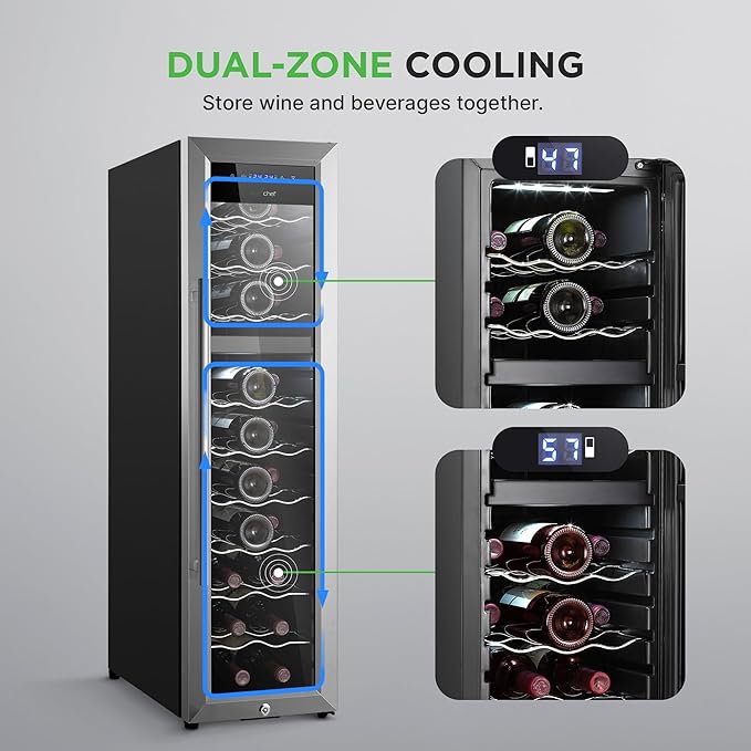 Nutrichef 27 Bottle Wine Fridge - Dual Zone Wine Chiller, Adjustable Temperature 41°F to 64°F, Ultra Quiet Operation, Free Standing Wine Cooler For Home, & Office, 43 x 11 x 26 IN (Black)