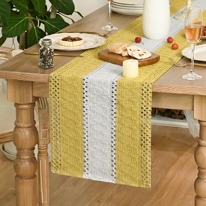Artoid Mode Yellow Farmhouse Rustic Table Runner, Seasonal Hollow Kitchen Dining Table Decoration for Home Party Decor 12x120 Inch