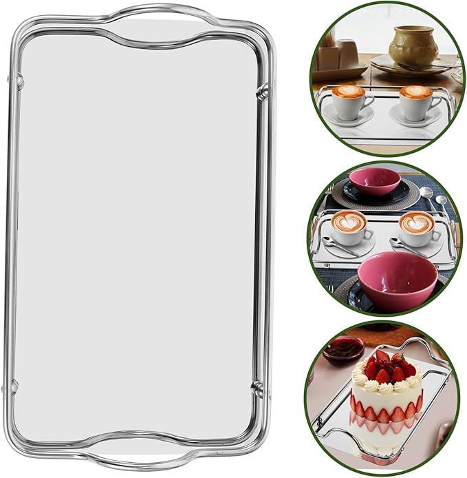 Rectangular Serving Trays Silver Serving Trays Bar Finish Serving Tray with Handles Coffee Steel Platters Tiny Key Decorative Tray Mirrored Drinks Modern Elegant Portable Small