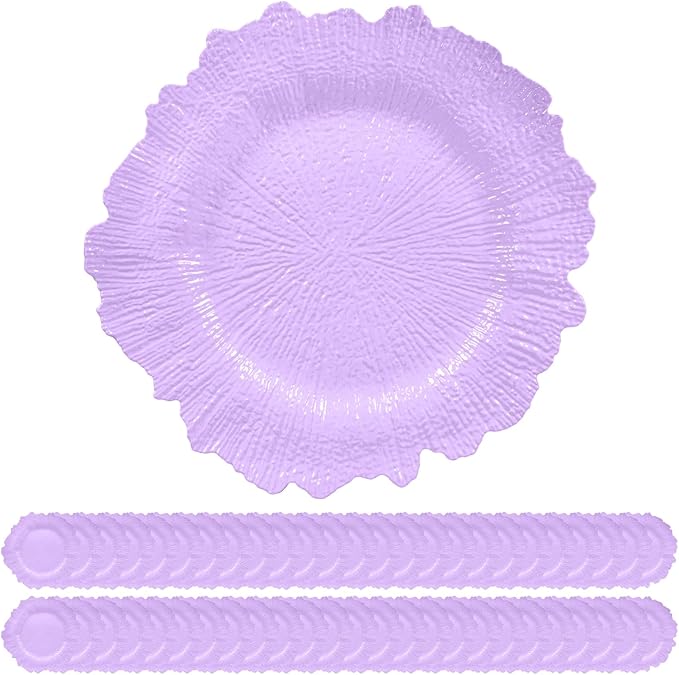 50 Pack Lavender Charger Plates Bulk, 13" Plastic Reef Chargers for Dinner Plates, Round Charger Plate with Floral Reef Design for Dinner Wedding Party Table Setting Decoration