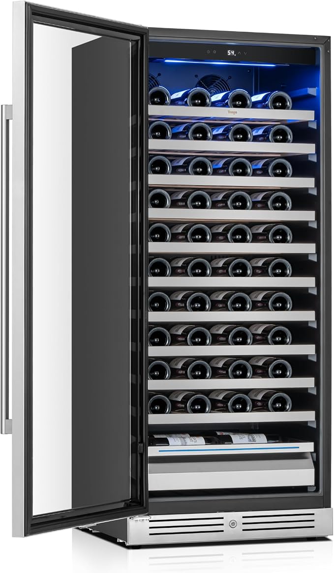 Yeego Wine Fridge – 24 Inch Wine Cooler Refrigerator 40°F-65°F, 304 Stainless Steel Glass Door Lock, Temperature Memory Blue & White LED Built-in Fridge Left-hand Opening with Drawer (89 Bottle)