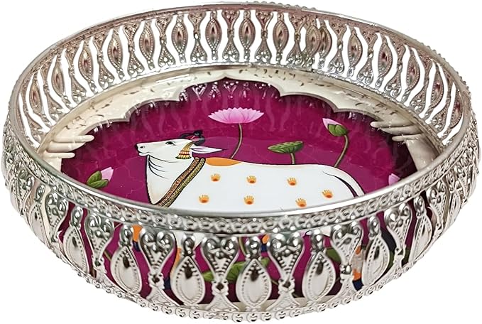 German Silver Tray 8 Inches – Pichwai Cow Design | Decorative Round Metal Plate for Pooja, Dry Fruits & Gifting | Traditional Serving Tray for Home Décor (Silver)