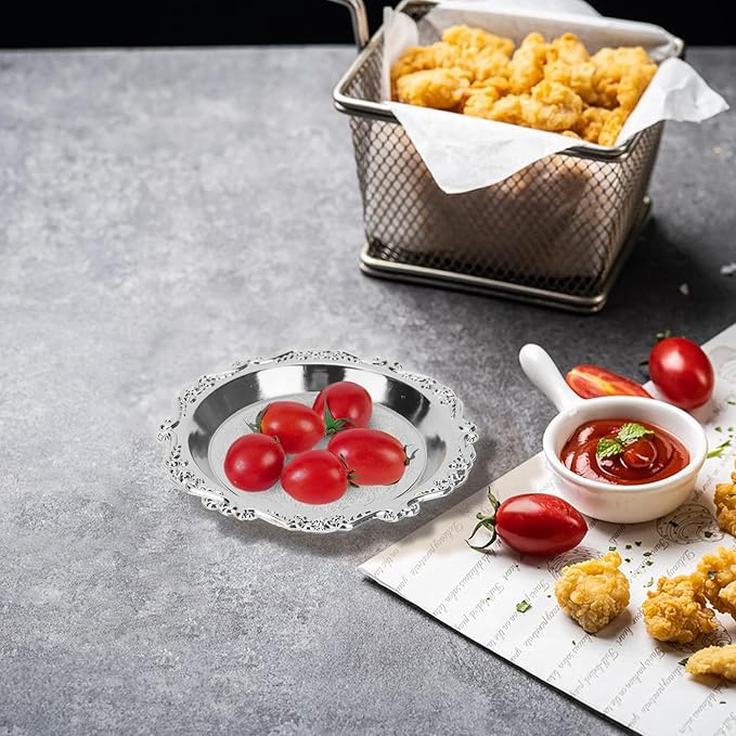 6pcs Serving Tray Set, 4in Small Vintage Decorative Round Metal Platters, Reusable Serving Dishes Party Appetizer Tray for Snack Fruit Sushi Buffet, Silver