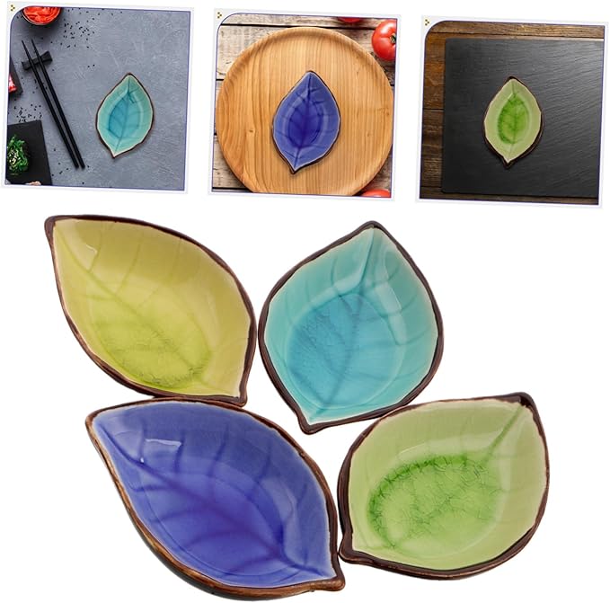 ABOOFAN 4pcs Leaf Shaped Ceramic Plates for Appetizers and Sauces Elegant Crackle Glaze Design Multi-functional Dipping Bowls for Ketchup Vinegar Sushi and Seasoning Yellow Lake Blue Green