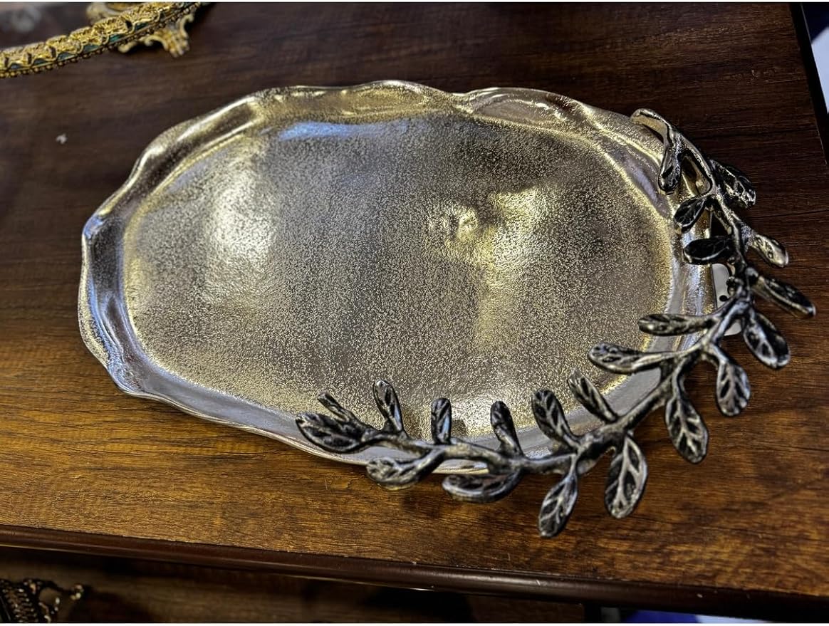 Oval Metal Cast Decorative Tray Silver Color, 16.1x10.2 Inch Serving Tray, Ottoman Style Coffee Table Tray for Home Decor and Parties - Silver, One Size