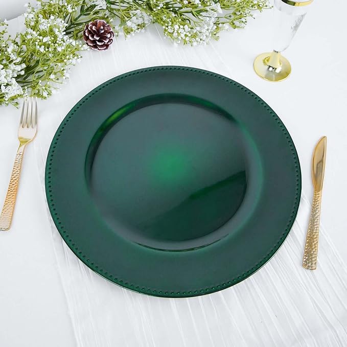 13" Charger Plates -Set of 12 - Acrylic Hunter Green Round Beaded Disposable Chargers, Ideal for Dinner Party Wedding Bulk Events Tabletop Decoration