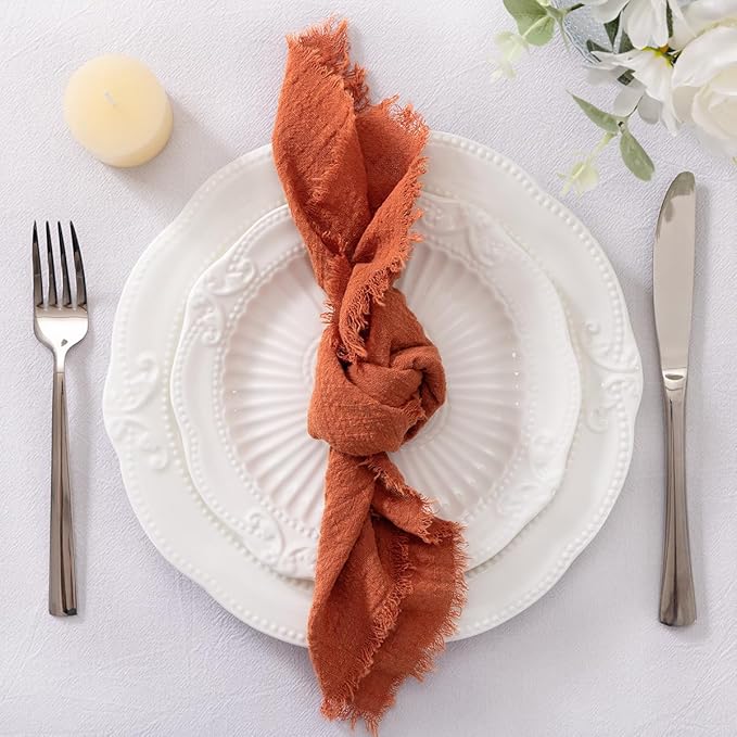 Socomi Set of 6 Linen Napkins Terracotta Easter Spring Cloth Napkins Washable Cotton Dinner Napkins Fringe 17"x17" for Wedding Party Bridal Baby Shower Birthday Table Decorations