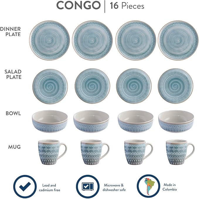 Corona Dinnerware Set 16– piece, Plates Bowls and Mugs Set, Ceramic Sets for 4, Microwave and Dishwasher Safe, Congo Etnic Design