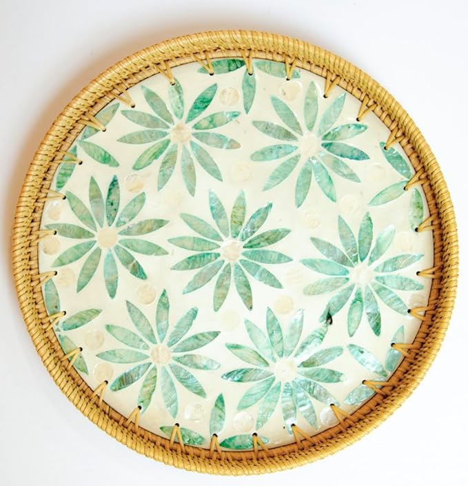 Magenta & Teal Round Rattan Serving Tray with Mother of Pearl Inlay, Wicker Coffee Table Decor, Farmhouse Style (Green Flower)