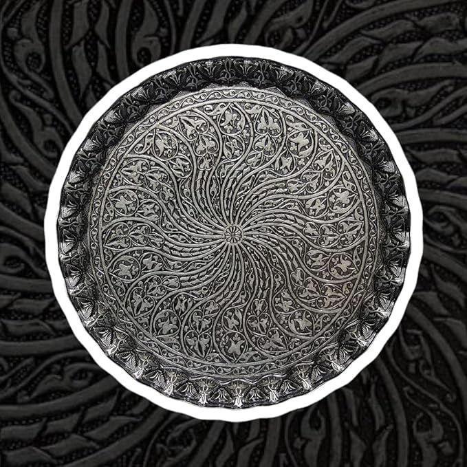 Alisveristime Turkish Ottoman Coffee Tea Serving Tray – 11.8 Inches, Wavy Zamac Tray with Traditional Motifs, Available in Five Color Variations (Black)