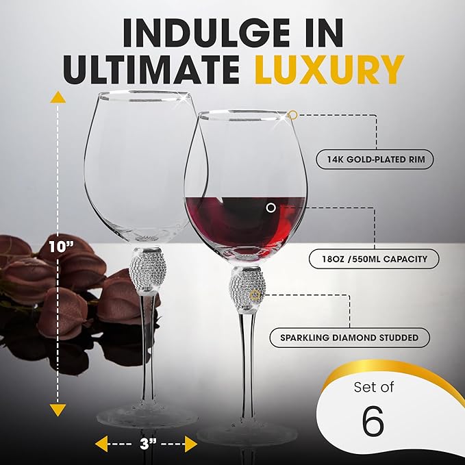 Premium Wine Glasses Set of 6 - Crystal Long Stem Wine Glass with Silver Rim & Rhinestone Design - 18 oz