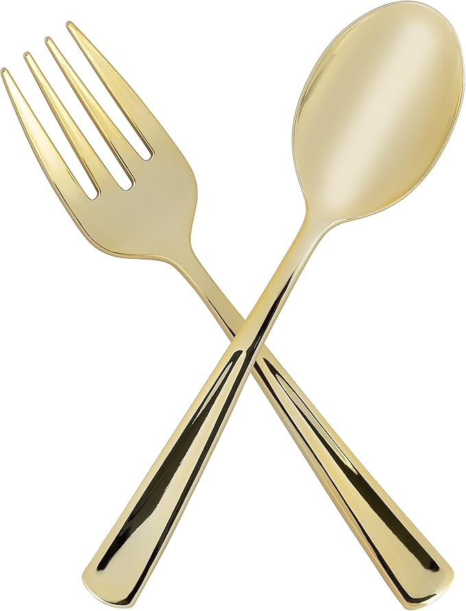 Plasticpro Disposable Plastic Gold Serving Utensils 12 Forks & 12 Spoons Durable Heavy Duty Premium Serving Utensils Gold 12 Sets