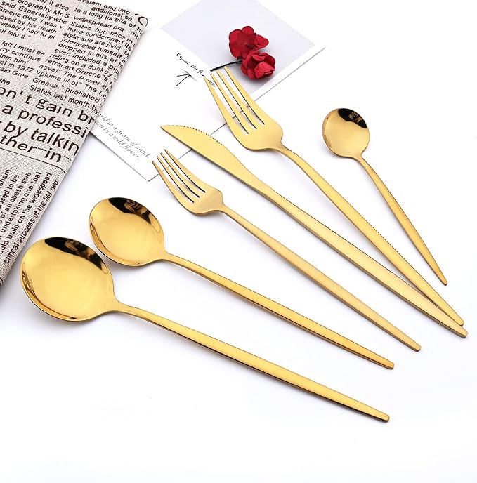 Gold 36-Pieces Silverware Flatware Mirror Polished Dinnerware, 18/0 Stainless Steel Cutlery Set For Home Kitchen Party Hotel Restaurant Wedding Service for 6